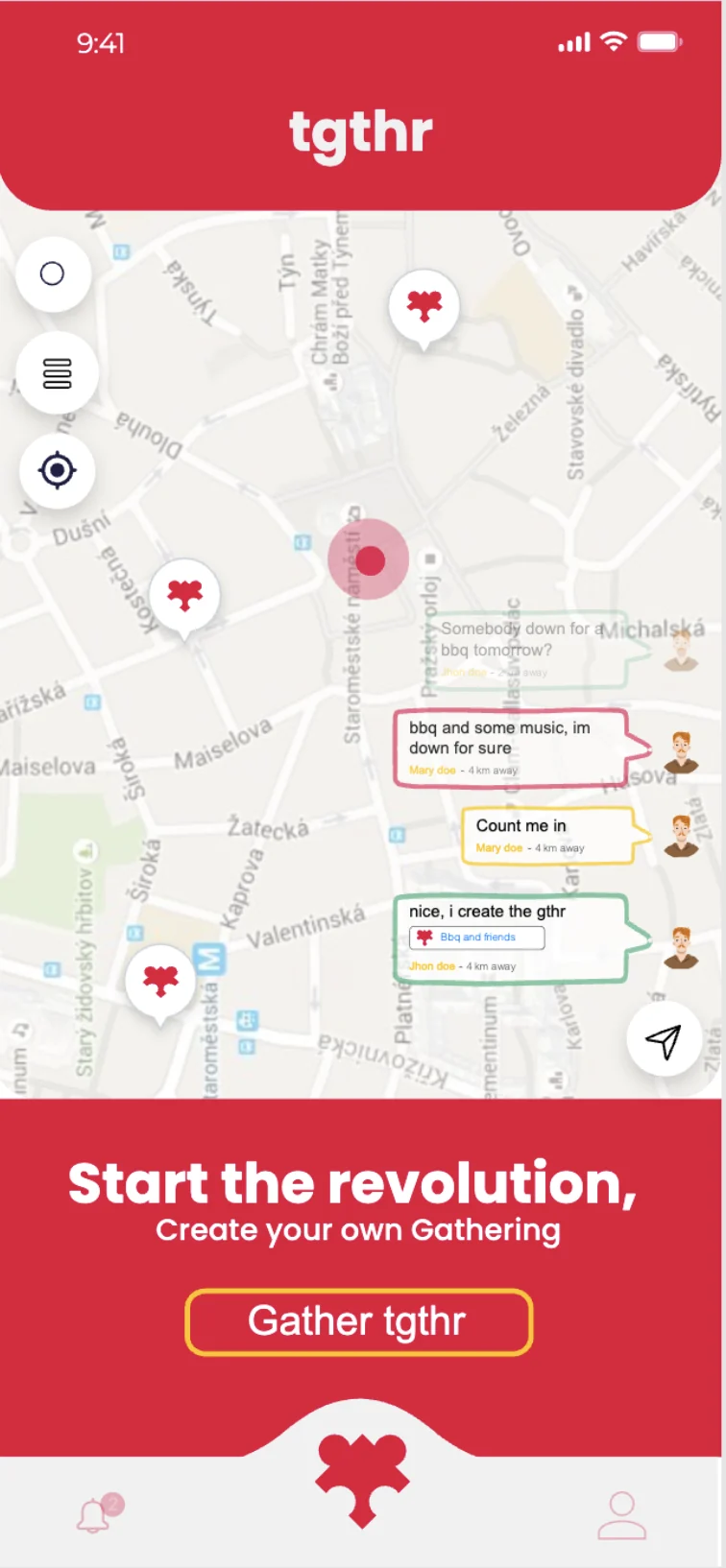 tgthr App: 近隣の集まりと会話を表示する地図