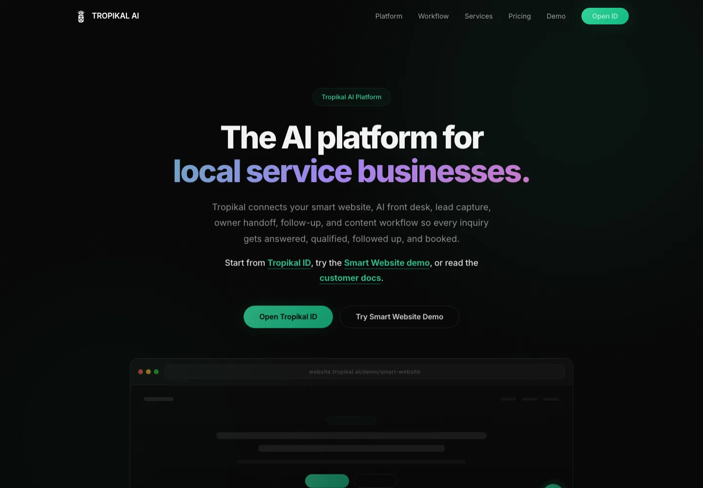 TROPIKAL AI: Startseite am Desktop