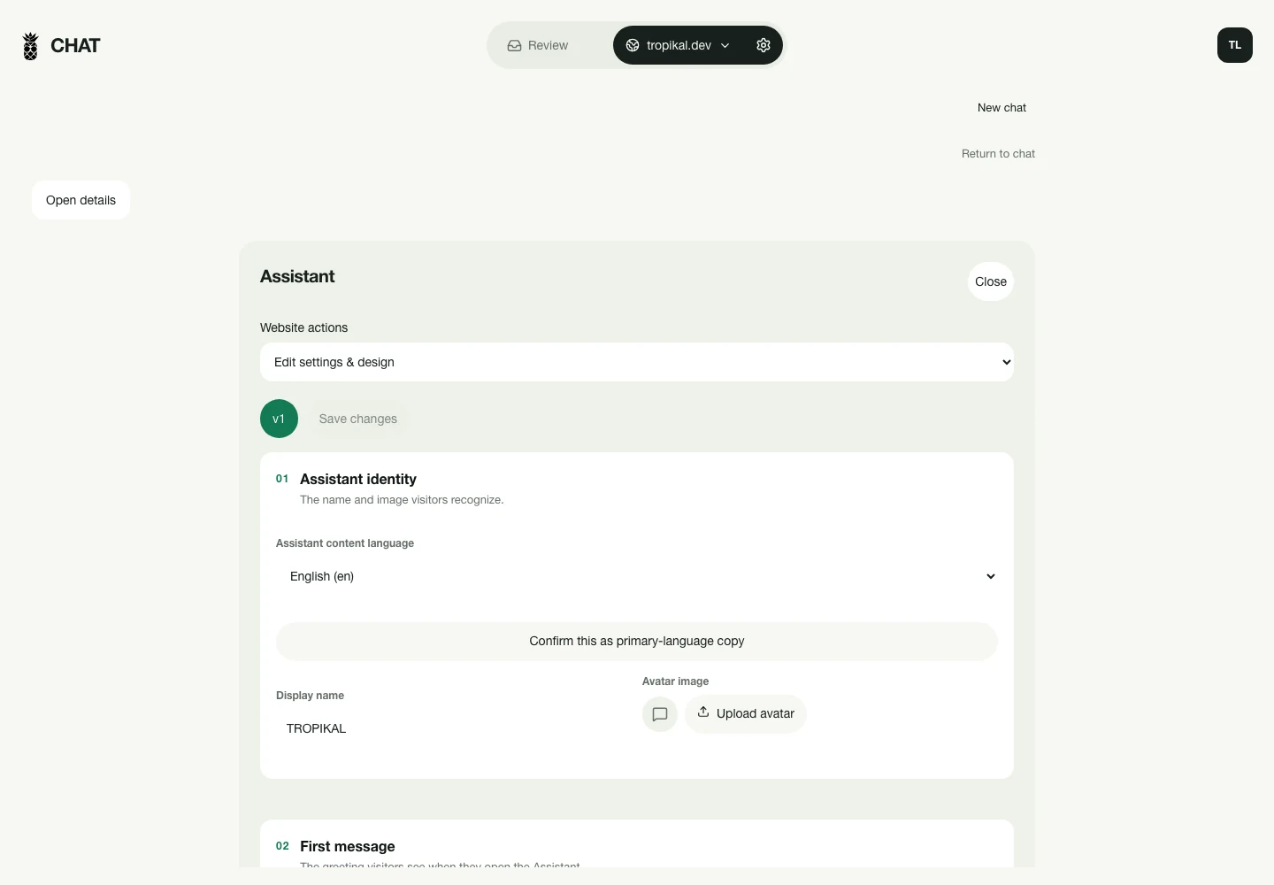 Assistant voice and website configuration · current app with demonstration data